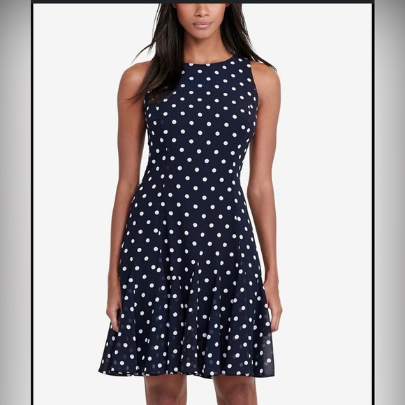 Ralph Lauren Blue Polka Dot Pleated Cowl Neck Pretty Women Vibes Midi Dress 14 - Picture 1 of 8